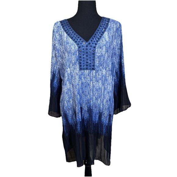 Catherines Tops - Catherines Top Womens 2X Blue Embellished Paisley Pleated Tunic 3/4 Sleeve